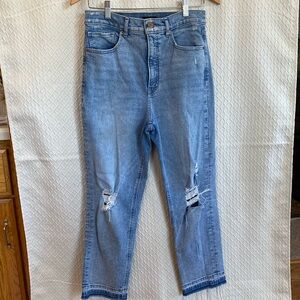 Express Light Blue Distressed Straight Leg Jeans. Mom Jeans/High Rise. Size 6.